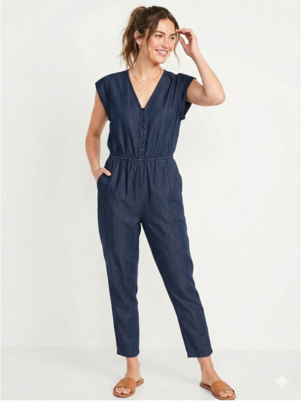 Women's Dex Dark Chambray Denim-Look V-Neck Jumpsuit - Size XS - 749